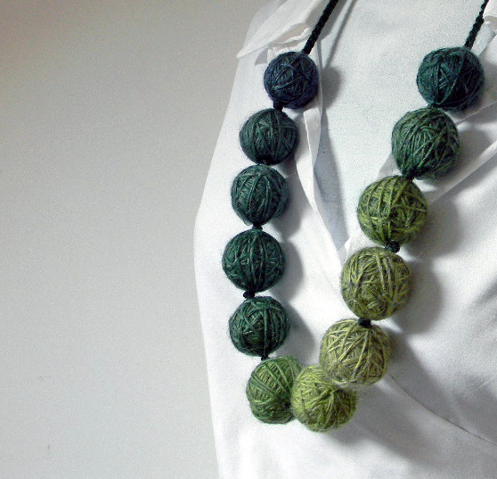 Unique Wool Yarn Beads Necklace Shades Of Green on Luulla