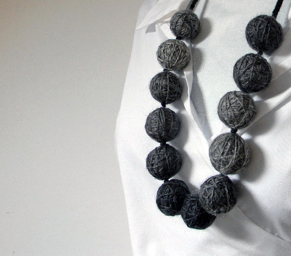Unique Wool Yarn Beads Necklace Shades Of Grey One Of A Kind on Luulla