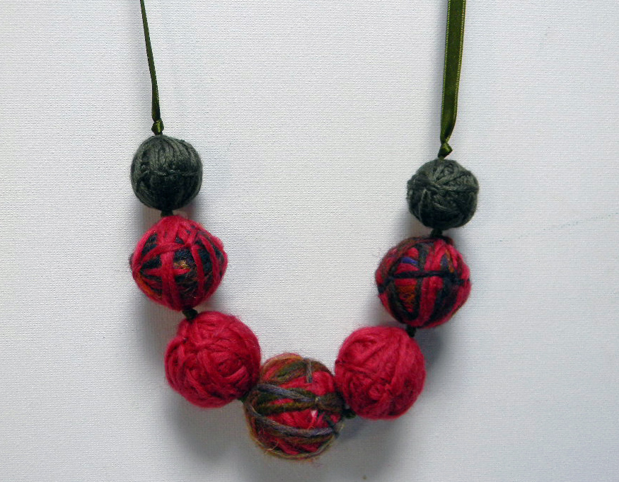 Wool Yarn Beads Necklace - Red, Mixed Colors And Sage Green - One Of A Kind And Ready To Ship