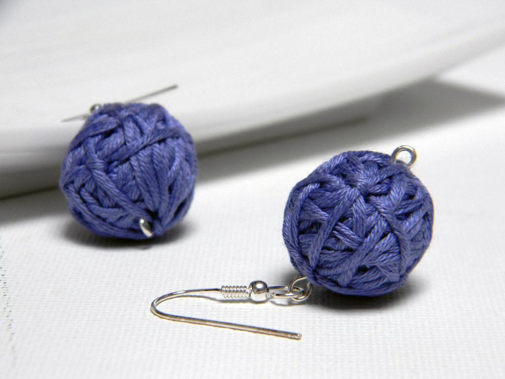 Periwinkle Cotton Yarn Beads Earrings - Ready To Ship