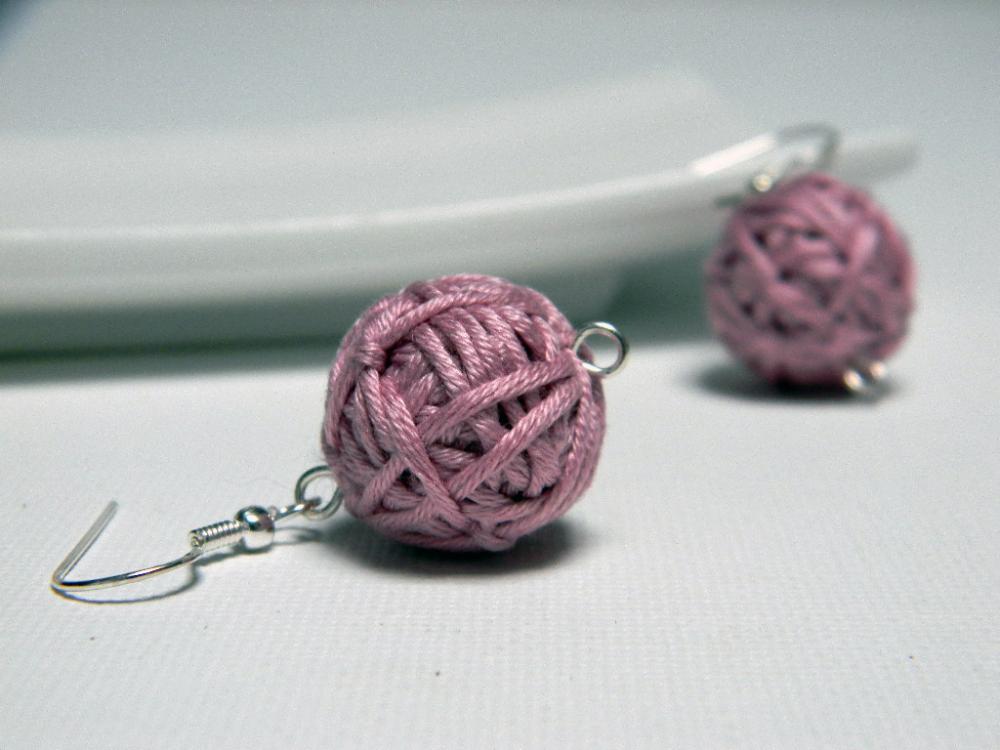 Dusty Pink Cotton Yarn Beads Earrings - Ready To Ship