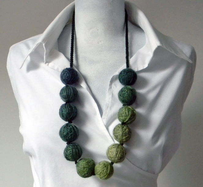 Unique Wool Yarn Beads Necklace Shades Of Green on Luulla