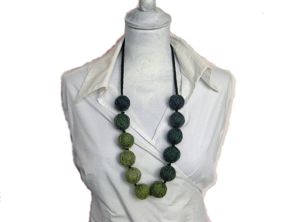 Unique Wool Yarn Beads Necklace Shades Of Green on Luulla