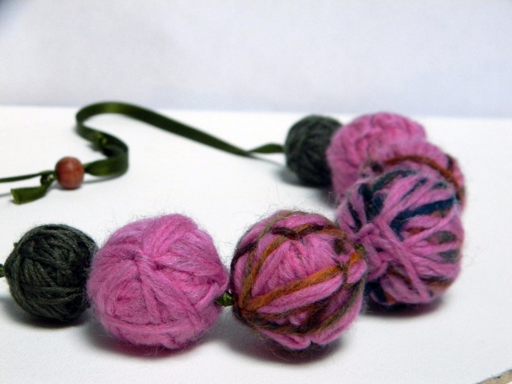 Wool Yarn Beads Necklace Pink, Mixed Colors And Sage Green Ready To Ship on Luulla